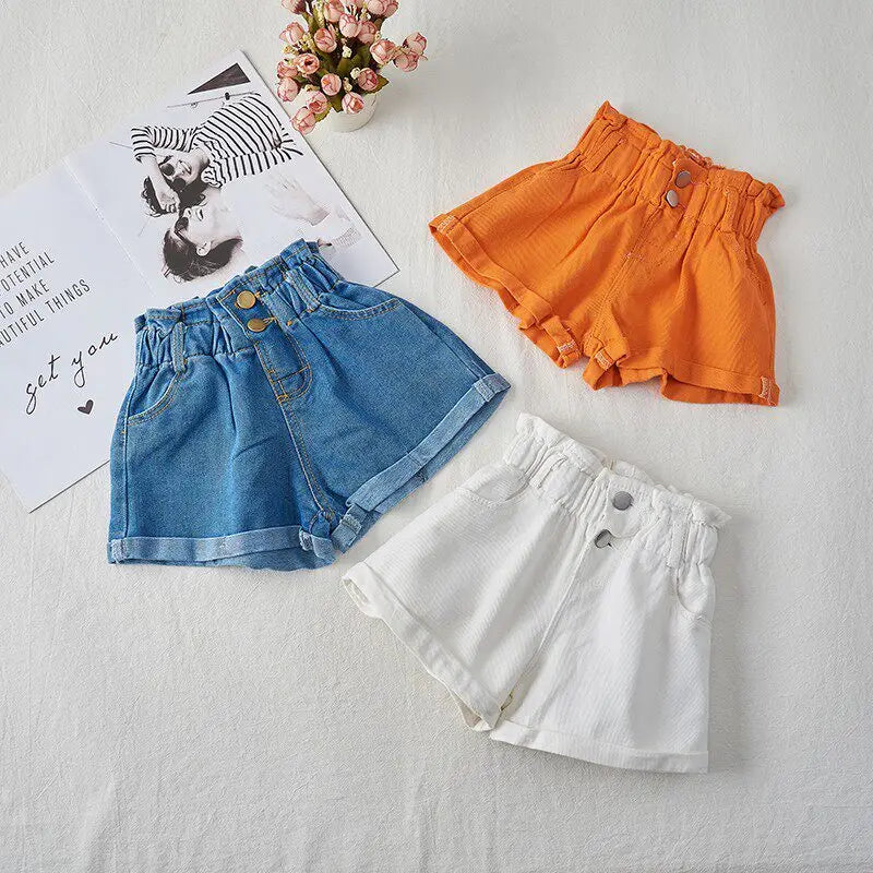 Shorts jeans estilo coreano para meninas de 1 a 7 anos, roupas curtas de verão para meninas, algodão macio, shorts jeans da moda, roupas para bebês meninas