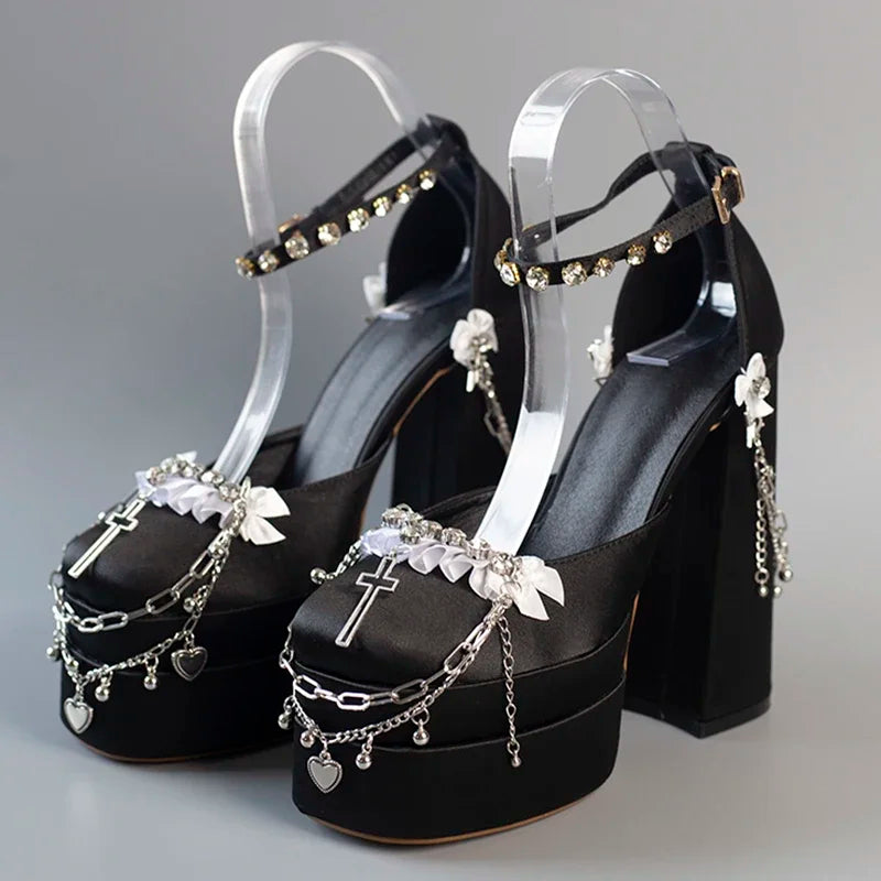 Cruz Japonesa Rhinestone Lolita Salto Alto para Mulheres, Corrente de Metal, Casamento da Noiva Rosa, Doce Sapatos Y2k Mary Jane, Salto Plataforma para Menina