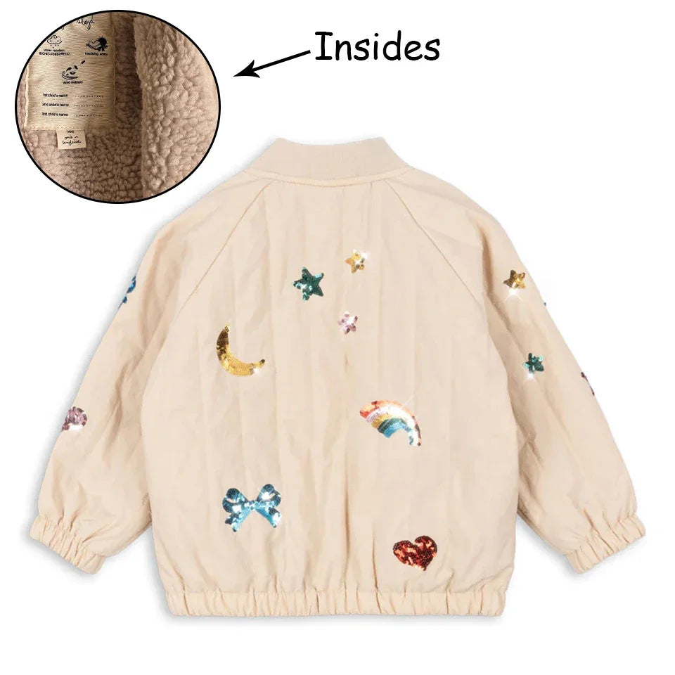 Novo 2025 ks meninas dos desenhos animados algodão velo casacos de inverno da criança meninos jaqueta de lã de cordeiro crianças casaco bordado crianças outwear roupas