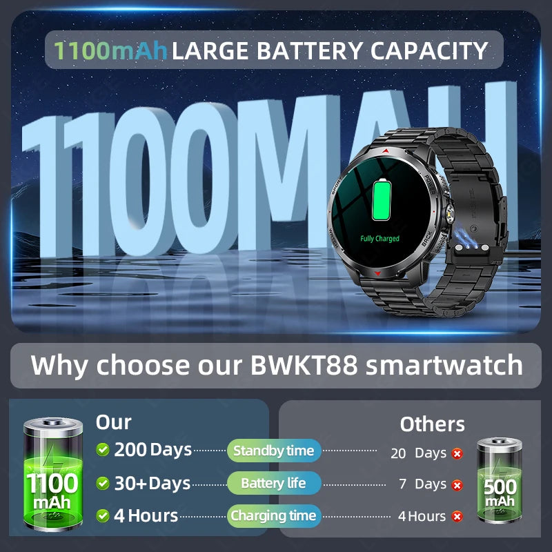 Relógios Inteligentes LIGE Novos com Bateria de 1100mAh para Homens, Esportes ao Ar Livre, Lanterna LED, Bússola, Relógio Inteligente Masculino com Chamada Bluetooth
