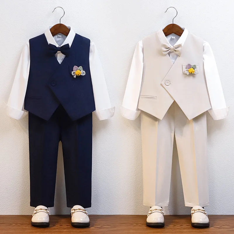 Cavalheiro crianças verão respirável vestido de casamento escola meninos colete camisa calças gravata borboleta fotografia terno crianças traje aniversário