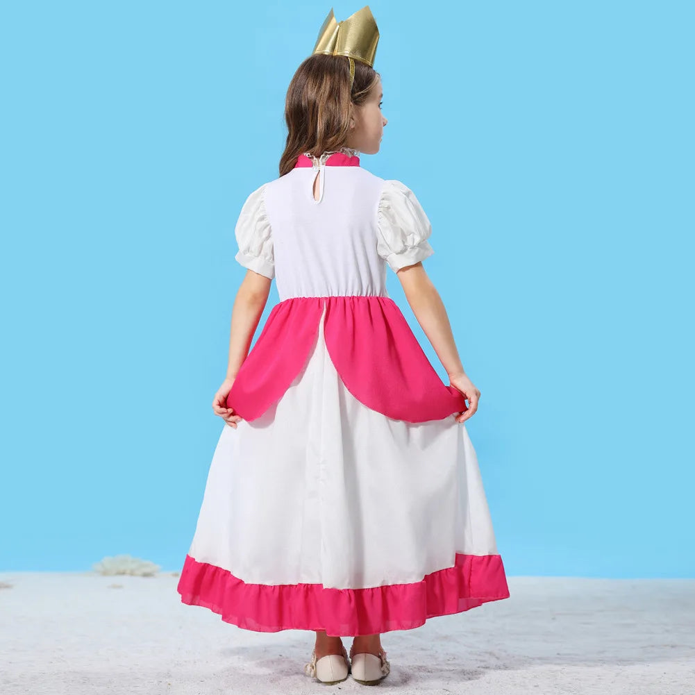 Pêssego rosalina vestido meninas margarida cosplay roupas crianças halloween vestir-se roupas de verão rendas applique princesa traje