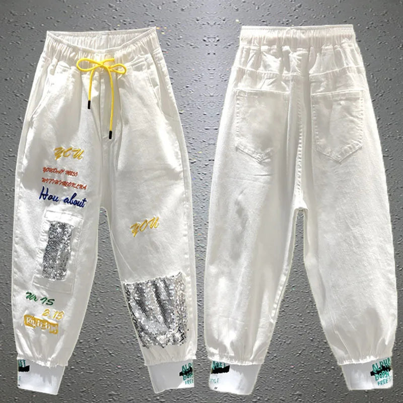 Jeans rasgado feminino, calça estampada com letras de rock feminino, calça de verão, Capris BF Jeans, rua alta, novo