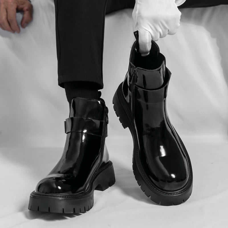 Botas masculinas de couro envernizado, de alta qualidade, superfície brilhante, confortável, sola grossa, cano alto, marca de moda, antiderrapante, chelsea