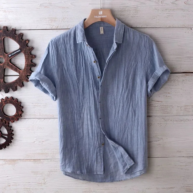 Camisa de Linho de Manga Curta para Homens, Camisa Casual Solta e Fresca de Verão em Cores Sólidas, Estilo Retro Japonês