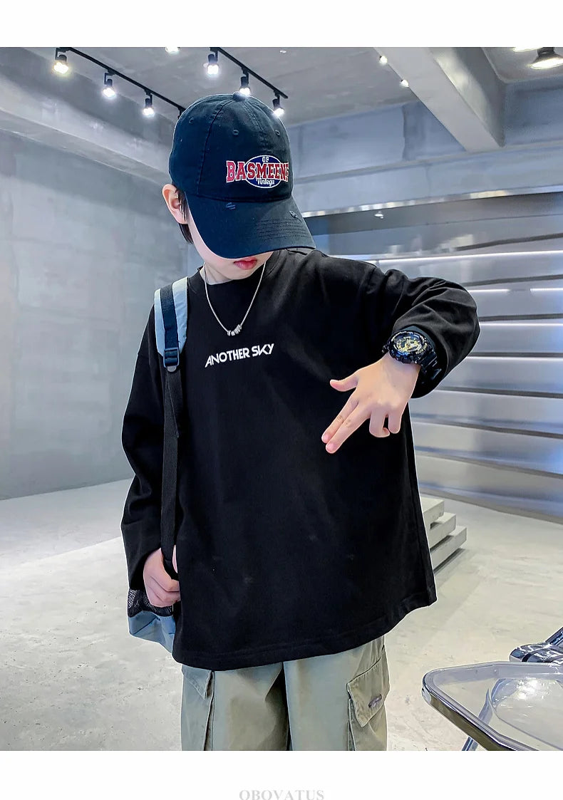 Nova primavera crianças manga longa camiseta de algodão para meninos solto estilo breve tshirt adolescentes crianças escola camisetas roupas de moda do bebê