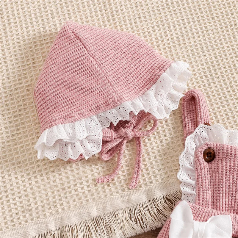 Criança bebê meninas 2 pçs macacão roupas terno verão contraste cor bowknot sem mangas plissado malha macacão chapéu crianças outfit