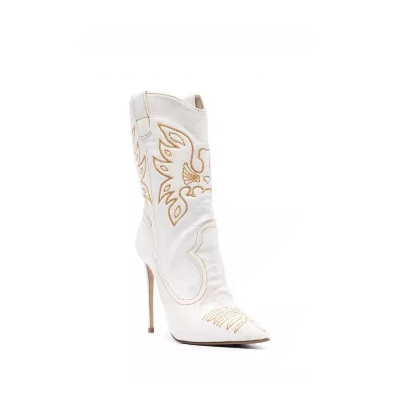 Moda feminina europeia e americana salto alto apontado ocidental denim bordado linha joelho manga alta botas de strass