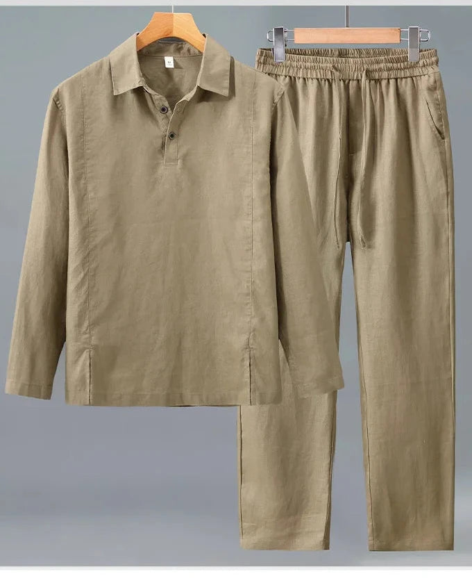 Camisa de Linho Pura de Manga Longa para Homens, Camiseta Leve e Respirável, Conjunto de Calças Casuais de Linho para Primavera e Outono