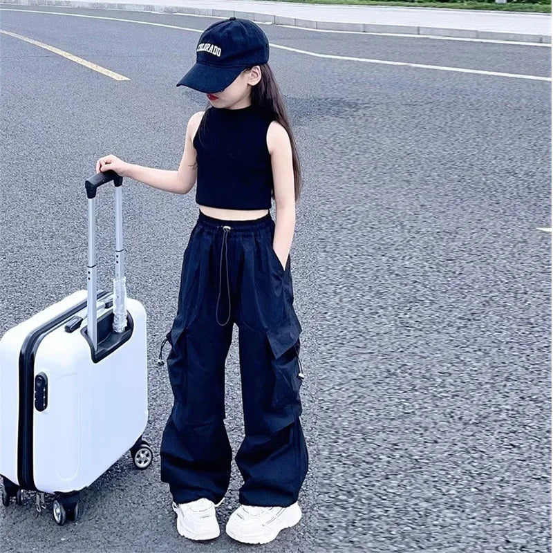 Calças Cargo para Meninas, Roupas de Trabalho Soltas para Crianças, Calças Leves para Primavera e Outono, Roupas Casuais para Adolescentes