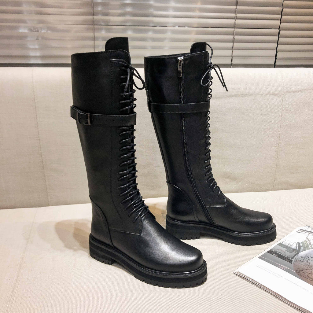 Krazing pot-botas de couro genuíno com cordões e saltos baixos, dedo do pé redondo, punk, superstar, fecho de fivela, sobre o joelho, tamanho grande