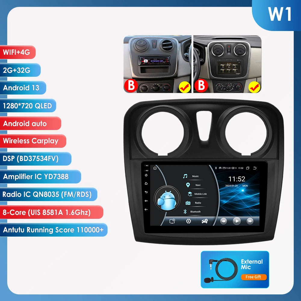 Rádio Android Auto Hizpo para Renault Logan 2 2012-2019 Sandero 2 2014-2019 4G Multimídia Automotiva GPS 2 din Estéreo CarPlay WIFI DSP
