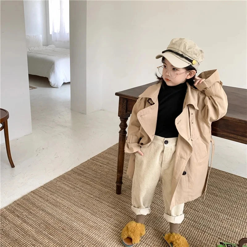 Casaco de manga comprida infantil, jaqueta de meninos e meninas, sobretudo, gola virada para baixo, corta-roupas, primavera, outono, 2 a 10 anos