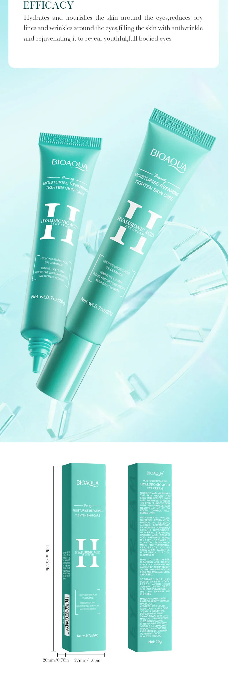 2 pçs/kit bioaqua ácido hialurônico conjuntos de cuidados com a pele rosto creme para os olhos hidratante hidratante endurecimento cremes faciais cuidados com a pele do rosto