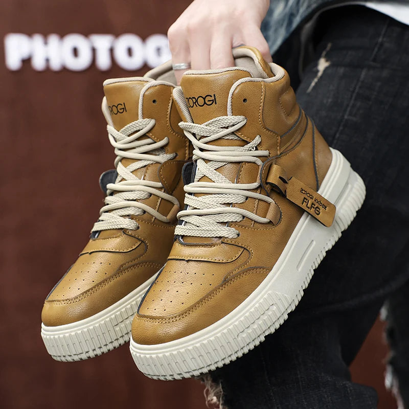Sapatos masculinos de cano alto de inverno, sapatos esportivos casuais de couro, roupas de trabalho retrô, sapatos esportivos casuais versáteis e modernos