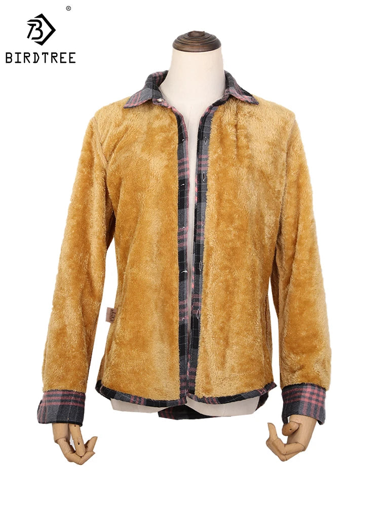 Camisa Xadrez Feminina de Veludo Grossa e Quente, Blusa Casual de Manga Longa com Forro de Lã para Inverno, Tamanhos M-5XL, Roupa de Outono T77710A