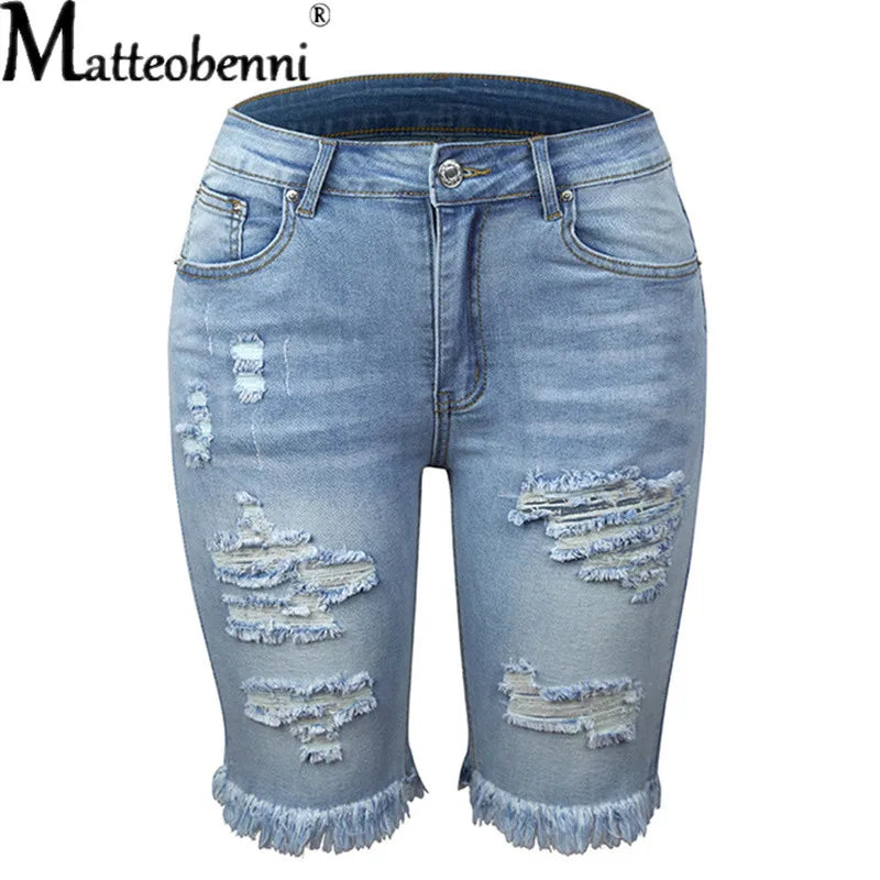 Calça jeans rasgada feminina com borla, calça elástica alta, cintura média, cinco pontos, buraco fino, shorts casuais femininos, verão, rua
