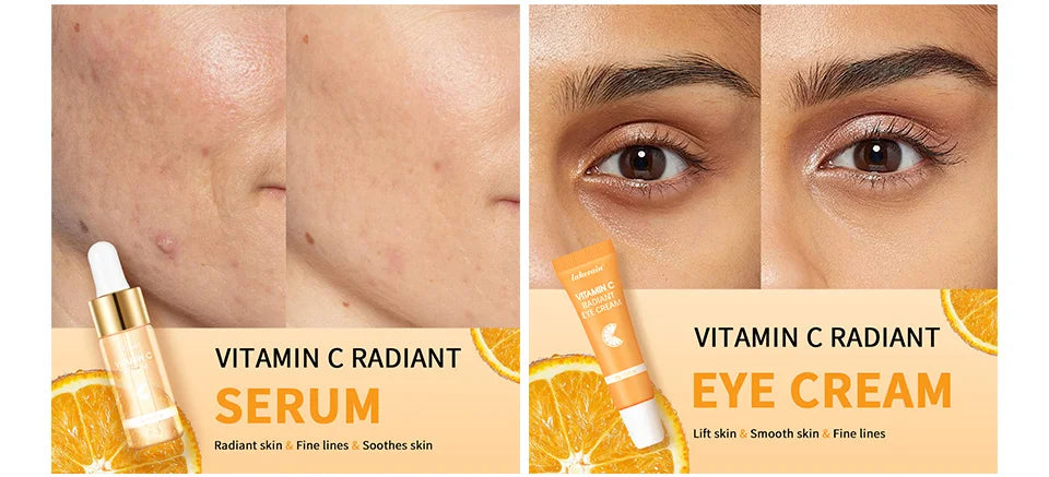 Lakerain vitamina c conjunto de cuidados com a pele 6 pçs kit creme de clareamento manchas escuras soro círculo escuro olho hidratante facial kits de clareamento
