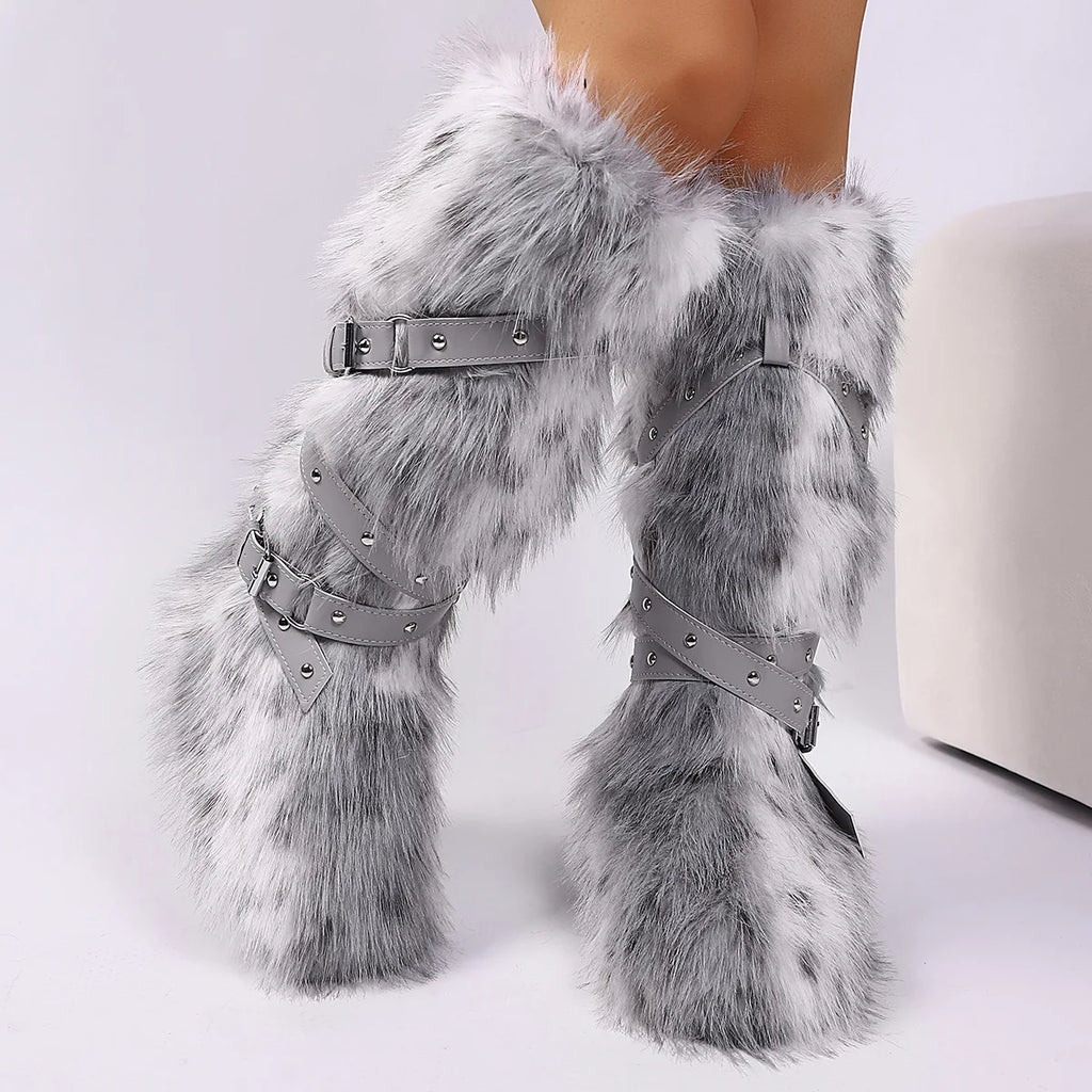 Botas femininas felpudas até o joelho |   Calçado de inverno com detalhes multi-fivela, texturas de leopardo e shearling