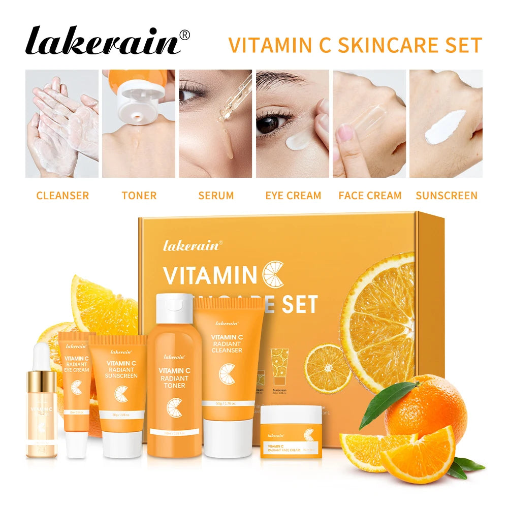 Lakerain vitamina c conjunto de cuidados com a pele 6 pçs kit creme de clareamento manchas escuras soro círculo escuro olho hidratante facial kits de clareamento