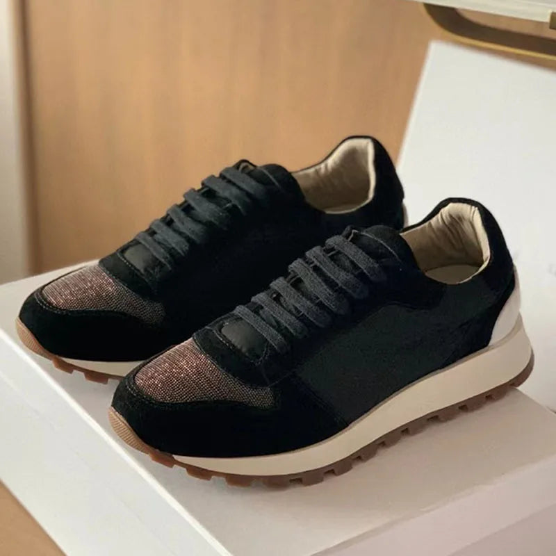 Sapatos casuais mulher dedo do pé redondo corrente corda grânulo conforto tênis de corrida senhoras camurça vaca retalhos rendas até tênis planos