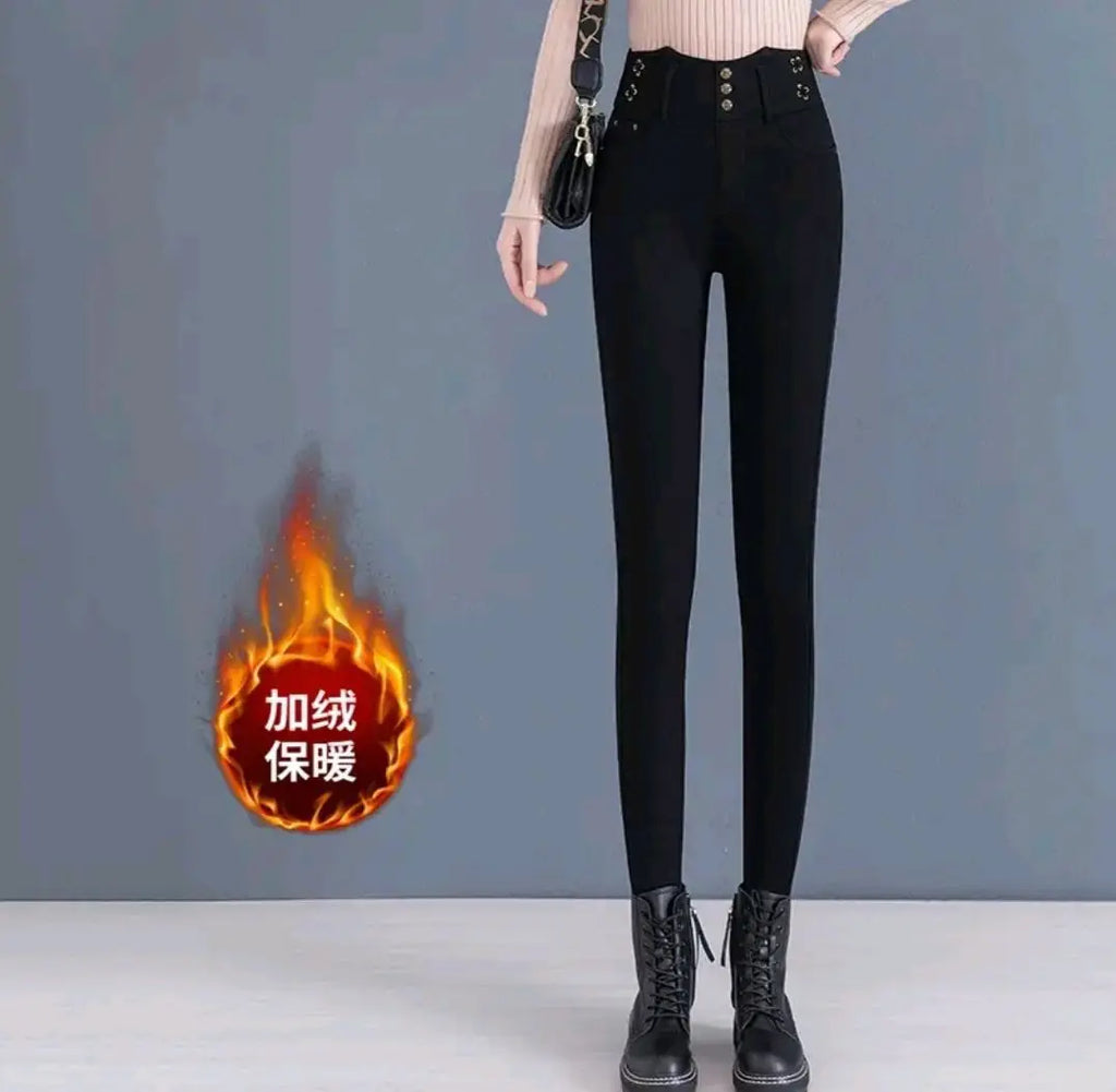 Jeans coreano elástico de cintura alta com pelúcia ártica, zíper de botão monocromático, calça lápis reta preta, moda fina, outono e inverno, nova