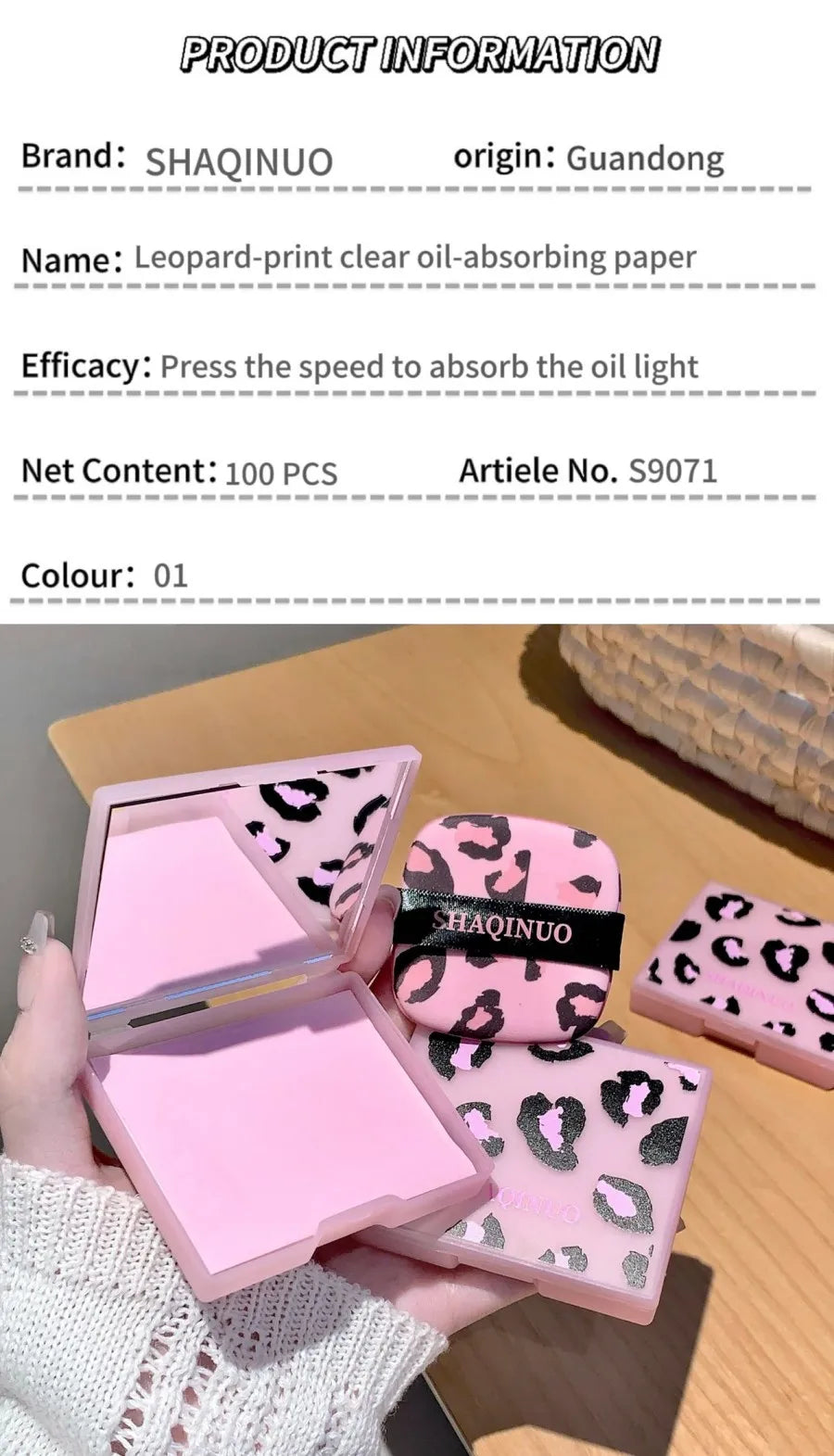 100 folhas de papel absorvente de óleo facial com estampa de leopardo rosa caixa de armazenamento portátil com espelho ferramenta de beleza