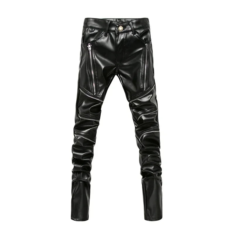 Novo inverno dos homens magro motociclista calças de couro do plutônio alta rua moda motocicleta para masculino palco club wear