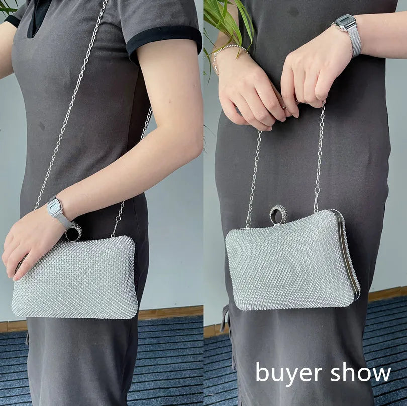 Bolsa de mão feminina para festa à noite, bolsa de mão em corrente para celular, batom prateada