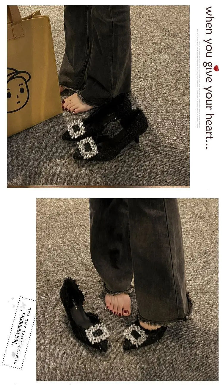 Salto estilete para mulheres, sandálias de strass, botão quadrado, sapatos de casamento, moda feminina, branco, 2024