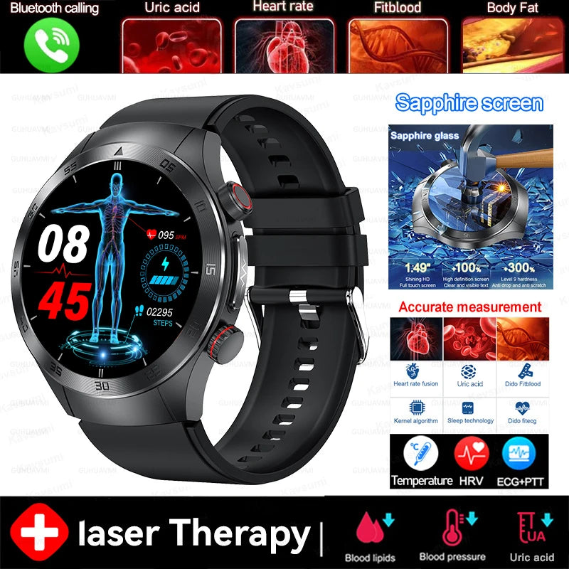 2025 novo tratamento a laser corpo e coração relógio inteligente masculino ecg + ppg ácido úrico gordura no sangue bluetooth chamada rastreador de saúde relógios inteligentes