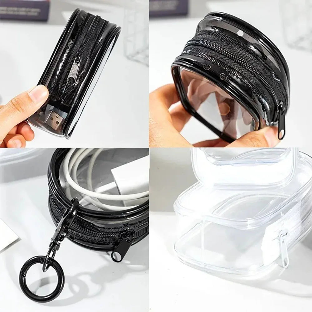 Mini saco de armazenamento com zíper transparente, chaveiro portátil, boneca de desenho animado, organizador de brinquedos para fones de ouvido, carregadores, cabo de dados, sacos de presente