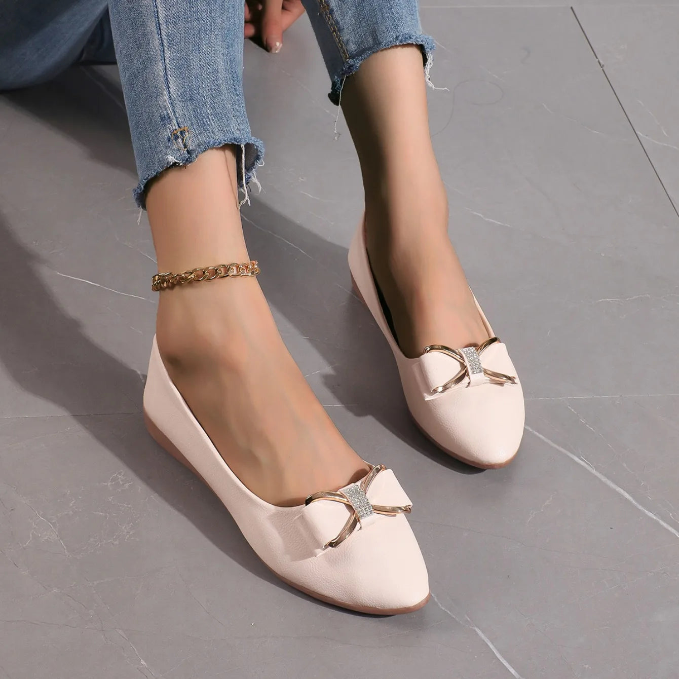 Novas mulheres apartamentos sapatos ballets fivela de metal arco mocassins planos mulheres grandes metros moda mary jane sapatos para mulher zapatos de mujer