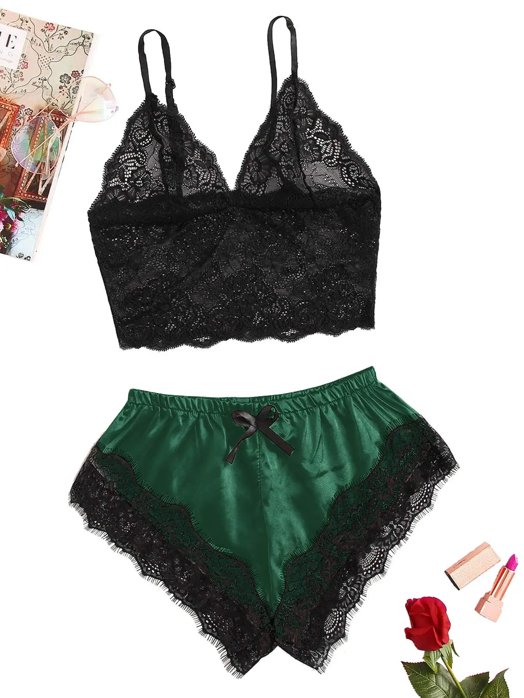 Conjunto de pijama de renda sexy feminino, 2 peças, bralette transparente, top e shorts, roupa de dormir respirável, plus size, lingerie de verão