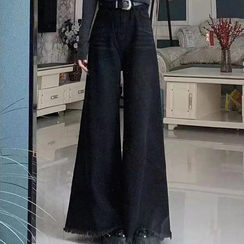 Preto perna larga jeans feminino outono vintage borda crua borlas bootcut calças jeans soltas cintura alta streetwear harajuku novo