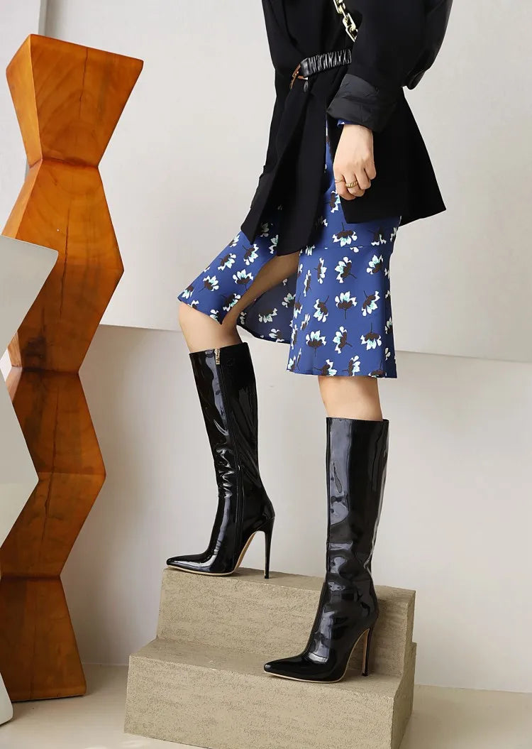 Senhoras elegantes botas longas 2024 clube festa saltos stiletto moda feminina joelho-botas altas inverno curto pelúcia apontou toe sapatos vermelhos