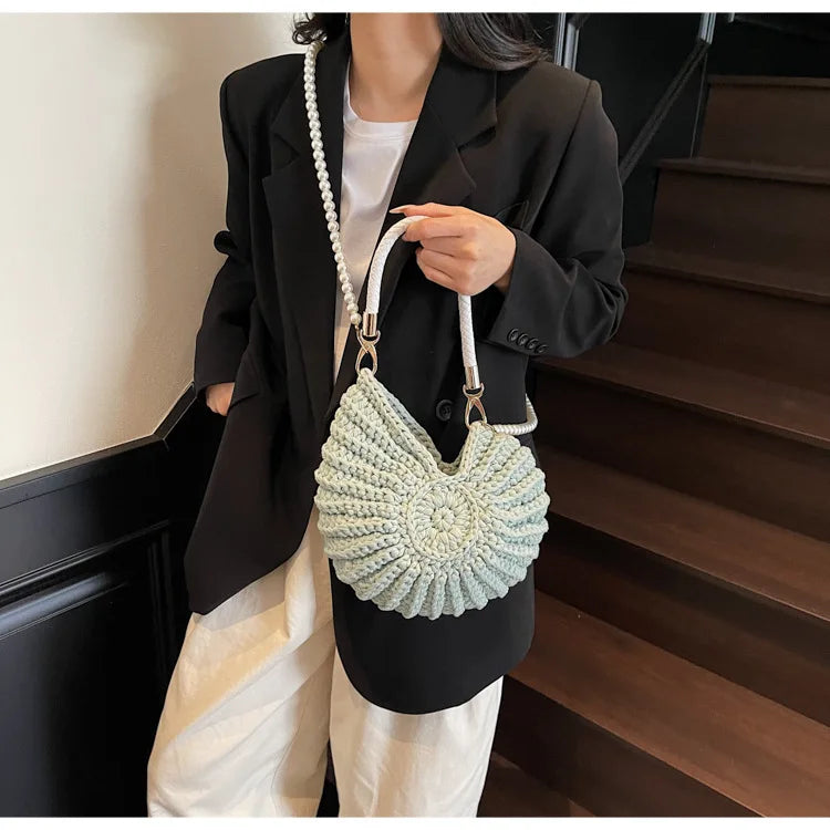Criativo concha em forma de crochê feminino ombro sacos engraçado bonito pérolas correntes artesanal tecer crossbody saco novidade pequenas bolsas