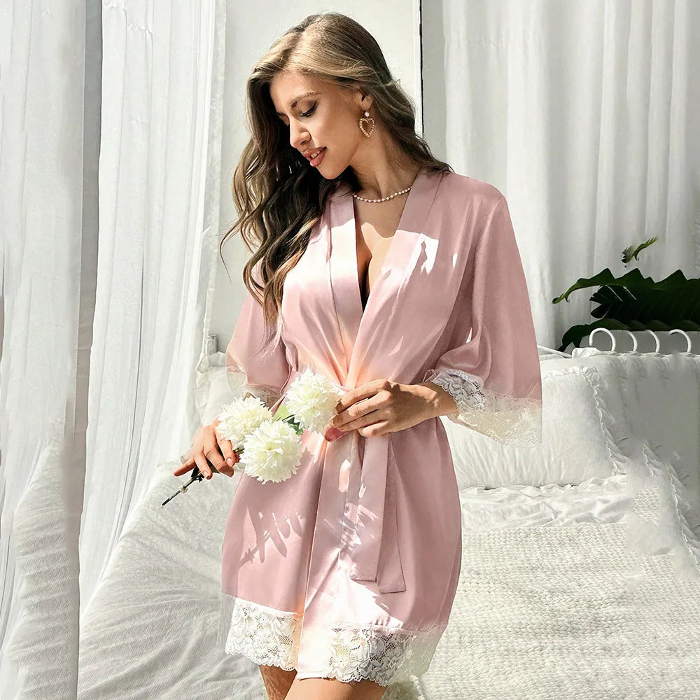 Novo Robe Elegante de Cetim para Mulheres 2025 com Renda, Kimono Curto, Camisola, Decote V, Cinto, Roupa de Noiva, Presente para Madrinhas