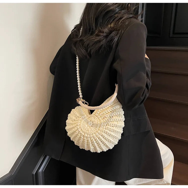 Criativo concha em forma de crochê feminino ombro sacos engraçado bonito pérolas correntes artesanal tecer crossbody saco novidade pequenas bolsas