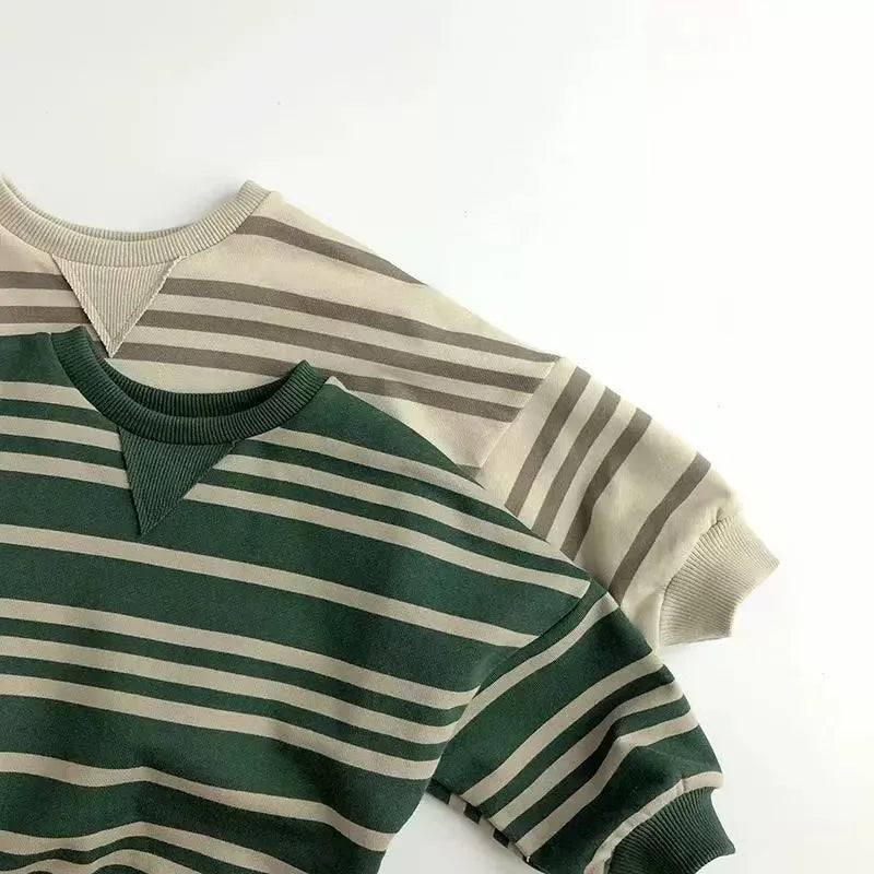 Moletom casual listrado infantil, manga comprida, tops com gola O, pulôver infantil solto, roupas de bebê, meninos, meninas, outono, novo