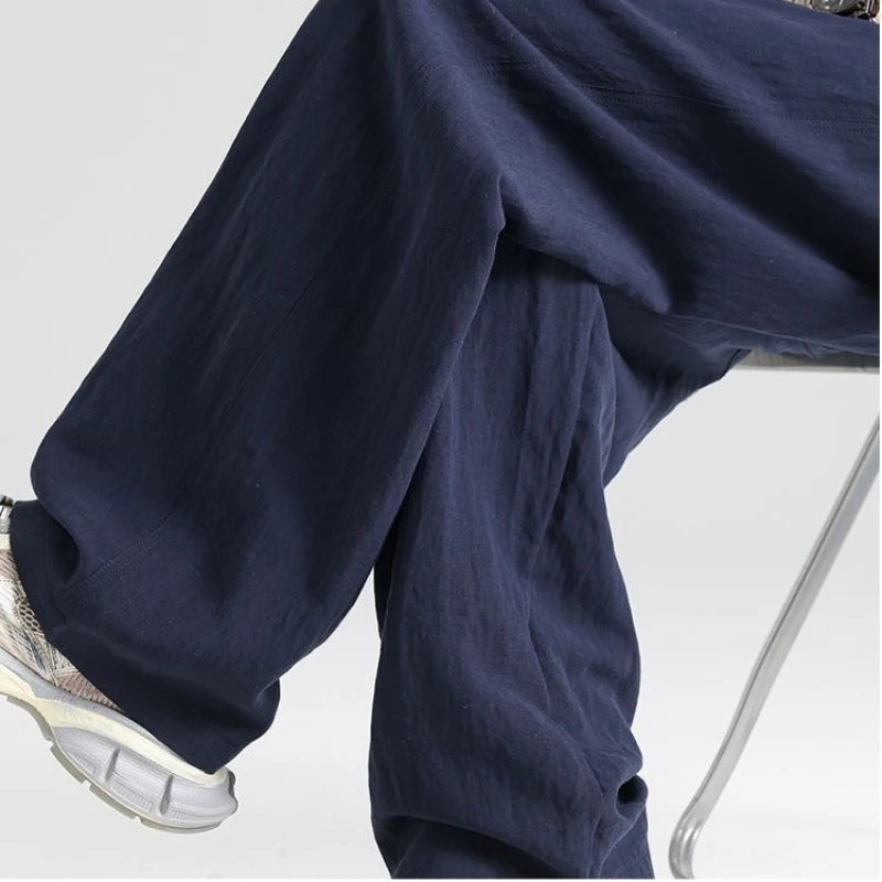 Calças Masculinas de Linho Finas, de Cor Sólida, Casuais, Confortáveis, Respiráveis, com Bolsos, Moda, Calças Longas de Perna Larga