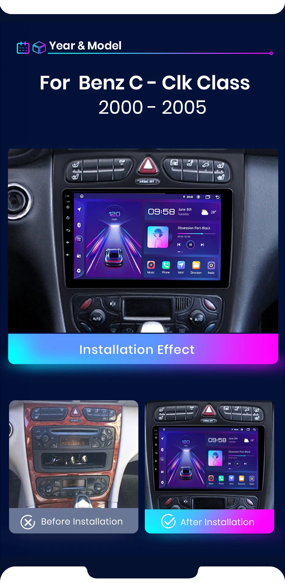 Junsun carplay android auto rádio do carro para mercedes benz classe c w203 c200 c320 c350 clk w209 2000-2005 multimídia inteligente 4g