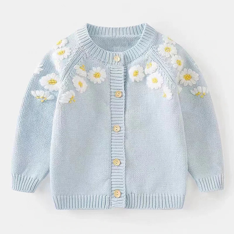 Little maven bebê meninas camisola linda luz azul roupas casuais outono crianças cardigan casaco bonito para crianças 2-7 anos
