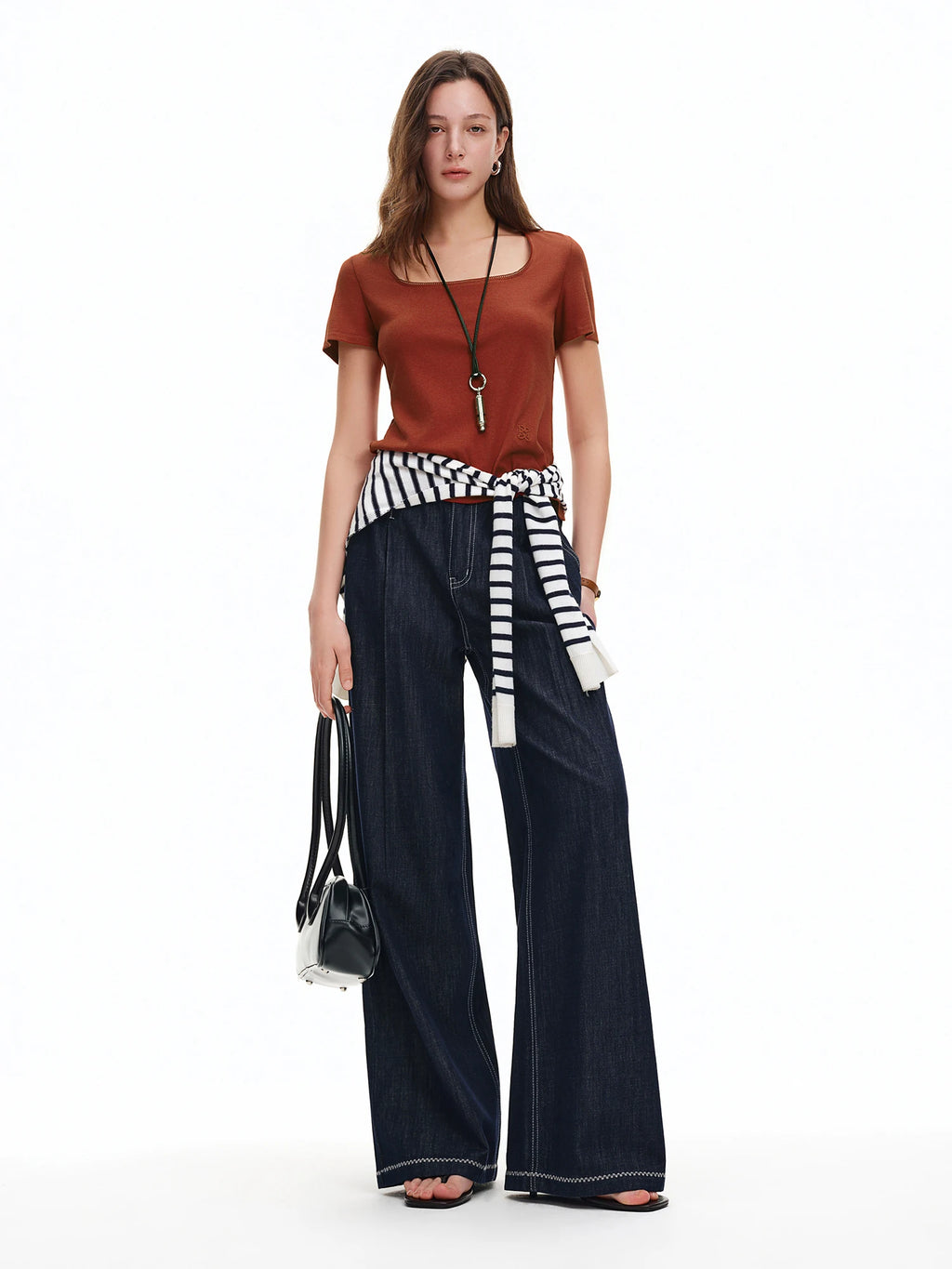 DUSHU 2026 Calça Jeans Feminina de Cintura Alta com Costura Contrastante e Perna Reta - Calça Casual para Uso Diário e Deslocamento