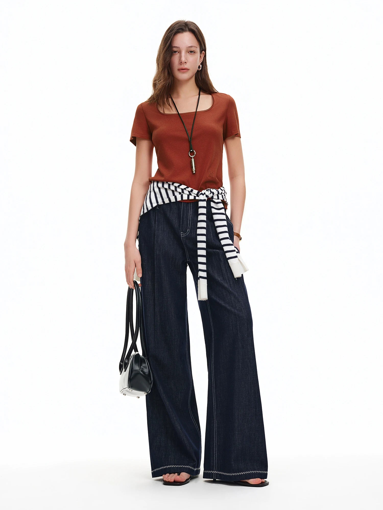 DUSHU 2026 Calça Jeans Feminina de Cintura Alta com Costura Contrastante e Perna Reta - Calça Casual para Uso Diário e Deslocamento