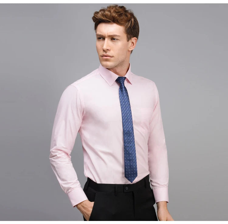 Camisas sociais masculinas clássicas de manga comprida, ajuste padrão, formal, negócios, social, simples, design básico, branco, trabalho, escritório, camisa casual