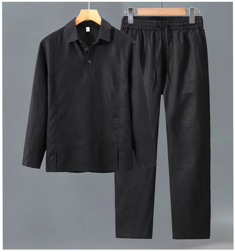 Camisa de Linho Pura de Manga Longa para Homens, Camiseta Leve e Respirável, Conjunto de Calças Casuais de Linho para Primavera e Outono