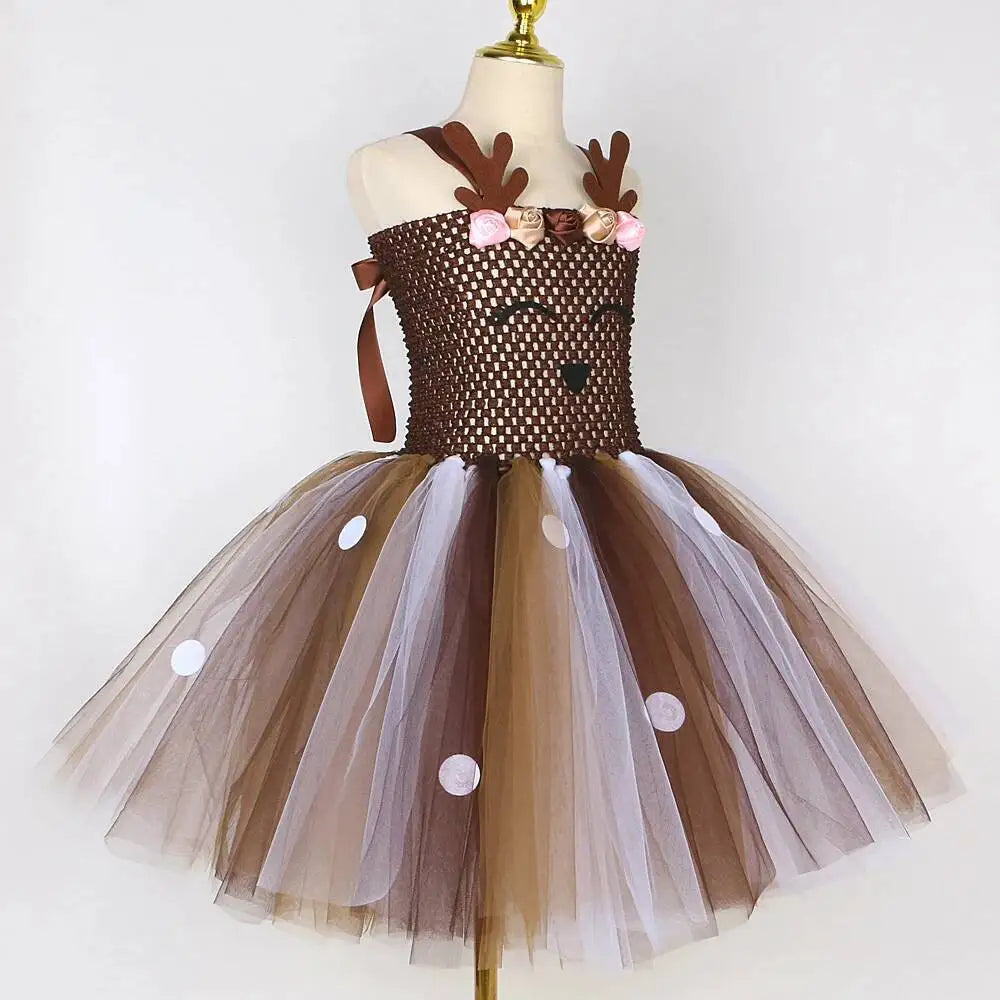 Bebê meninas trajes de veados de natal para crianças flor rena vestidos de princesa crianças natal ano novo ballet tutus outfit com arco