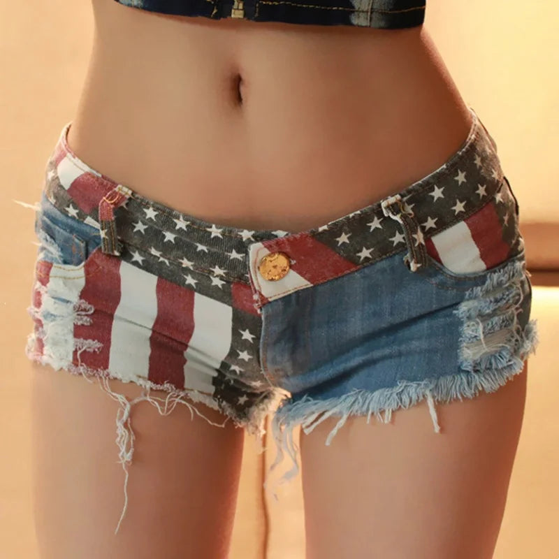 Meados de cintura jeans shorts 2021 feminino nova moda eua bandeira impressa denim pólo dança magro buraco quente calças curtas S-XXL