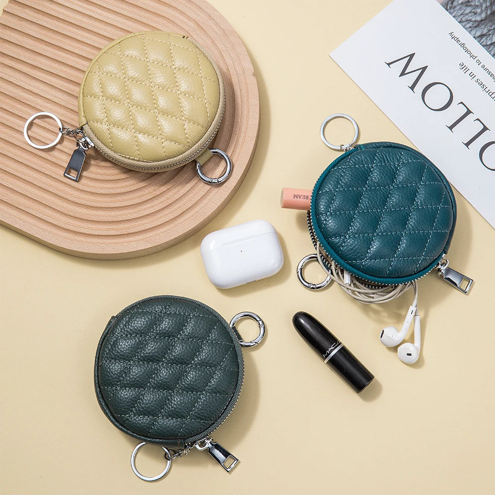 Mini porta-moedas de couro real para mulheres, carteira de costura de diamante mini organizador, bolsa de dinheiro pequena para chaves e fone de ouvido